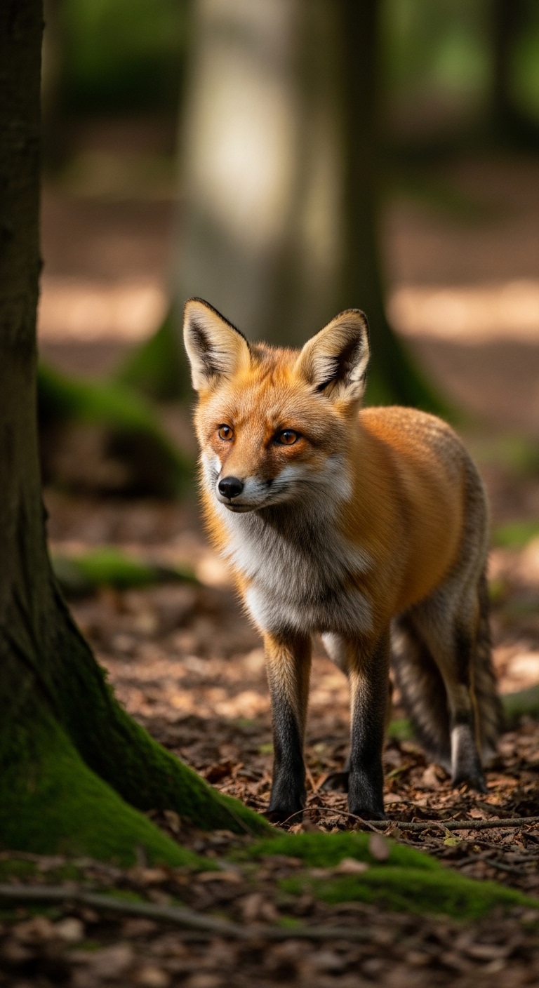 A fox standing in front of a tree.