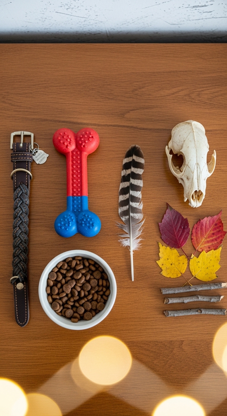 A collection of animal bones and feathers, including a fox skull.