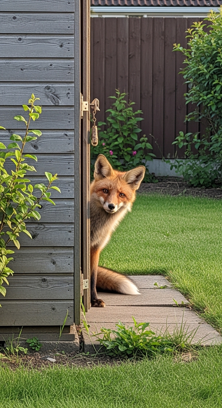 A fox is standing in front of a door.