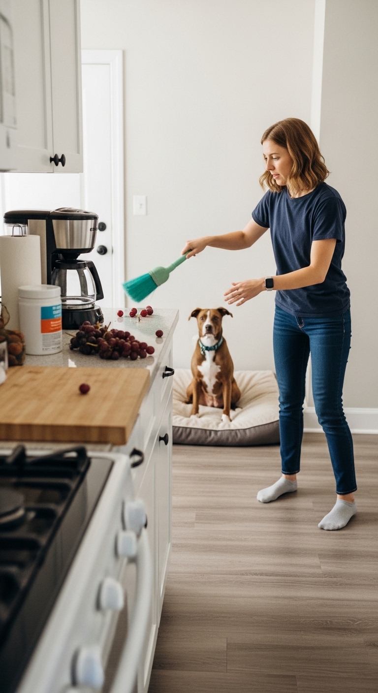 A woman is cleaning a counter with a dog sitting on a bed.