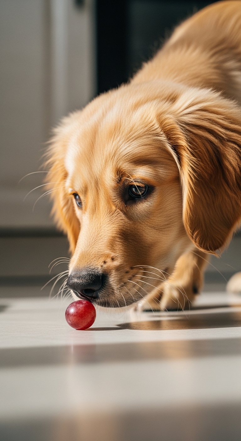 A dog is eating a grape.