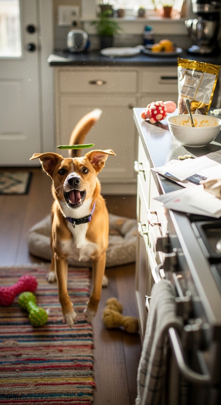 A dog with a green bean on its nose.