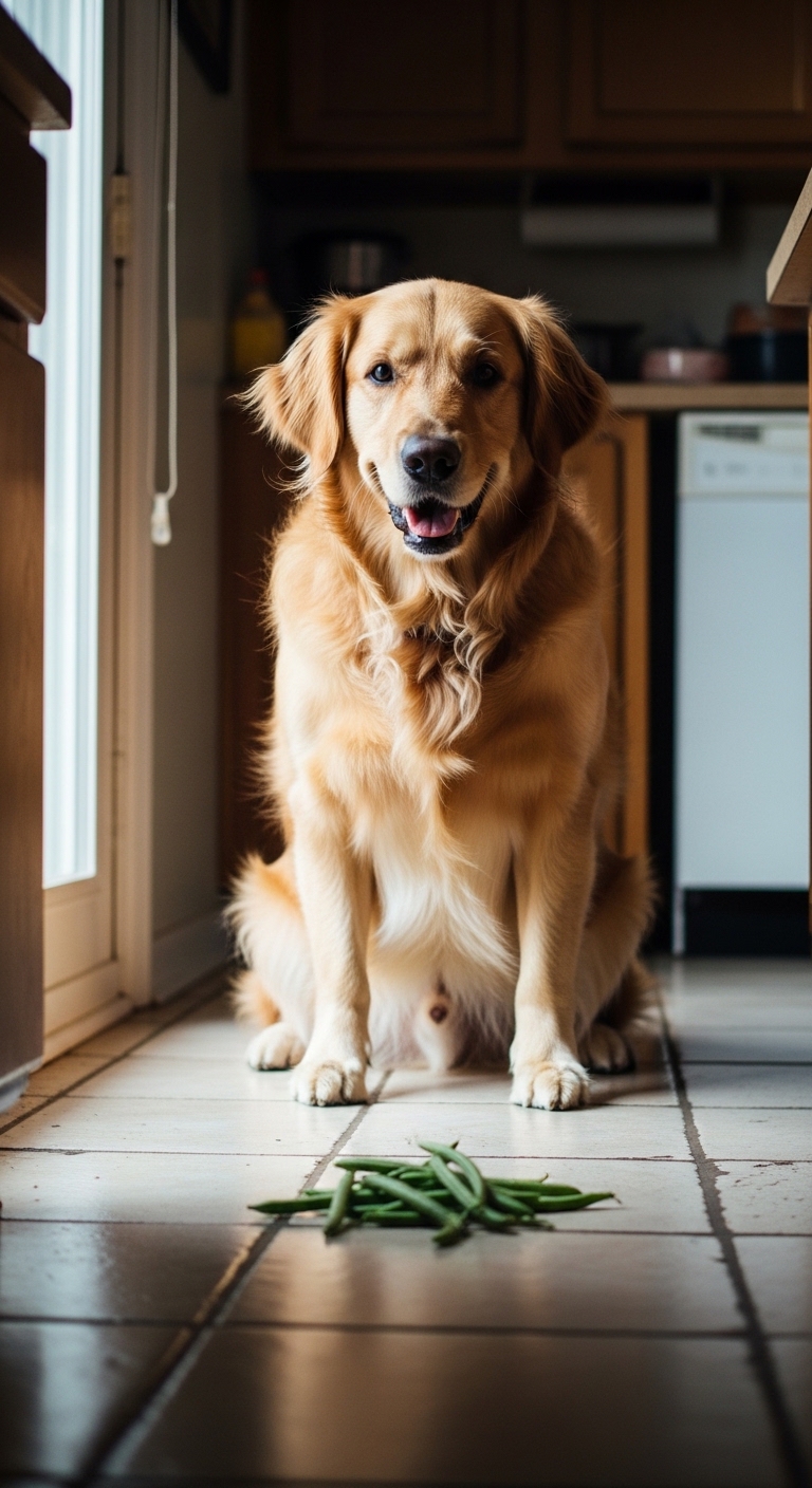 A dog is sitting on the floor next to a bowl of green beans.