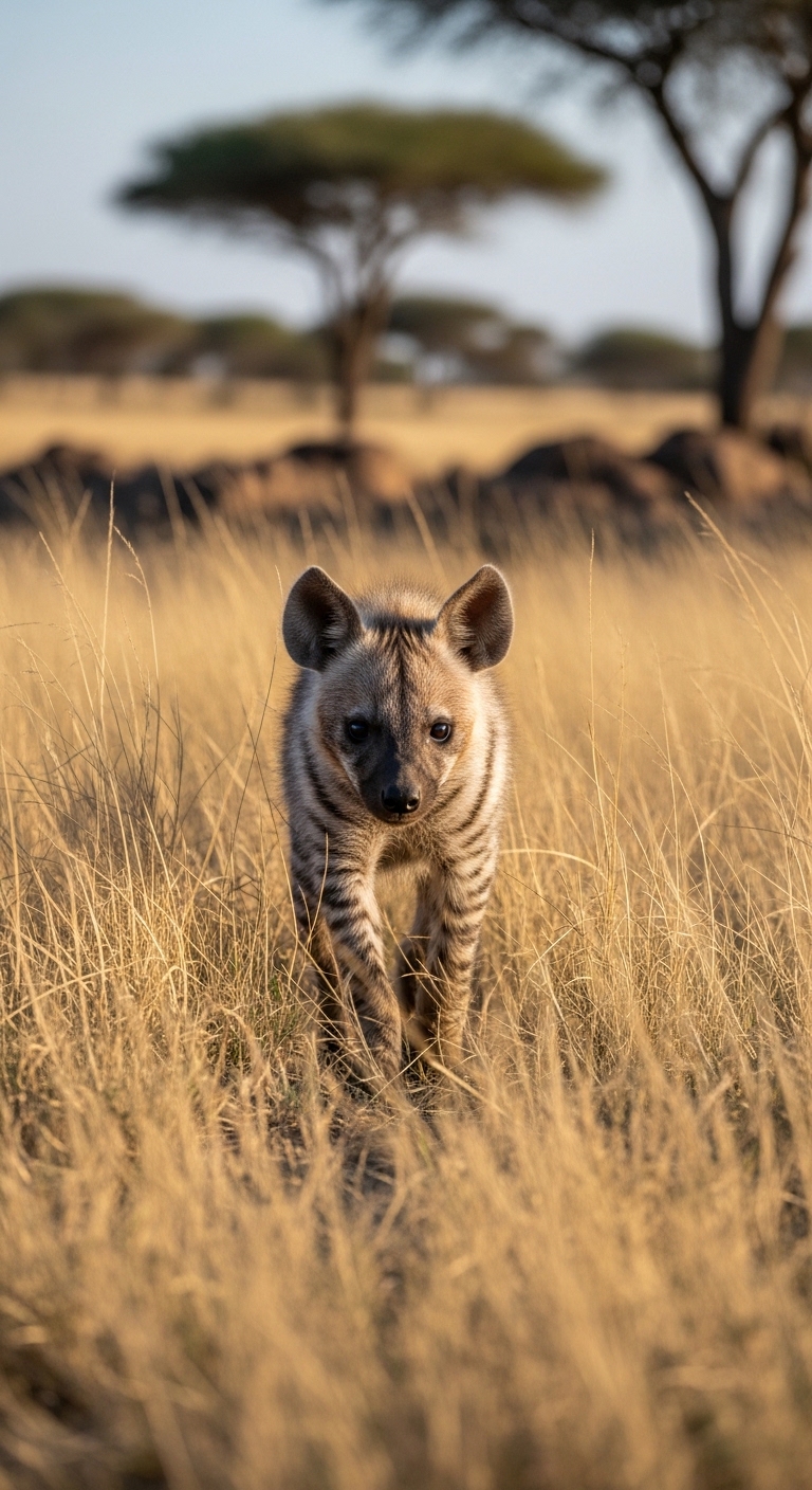 A hyena walking through tall grass.