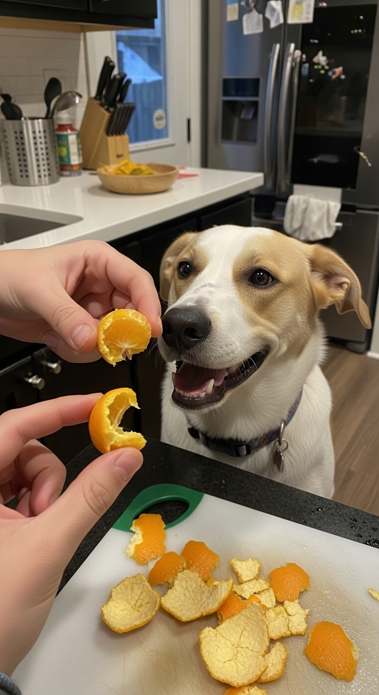 A dog eating an orange.