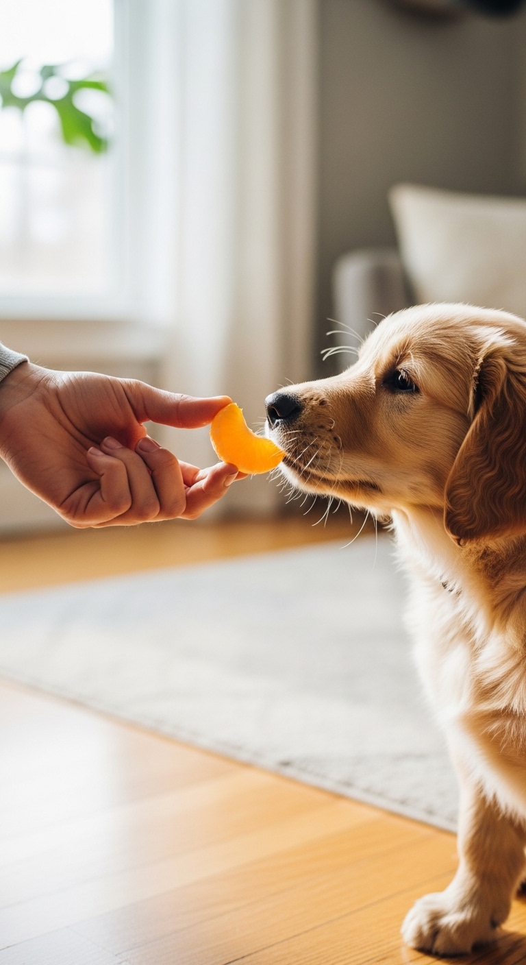 A dog eating an orange.