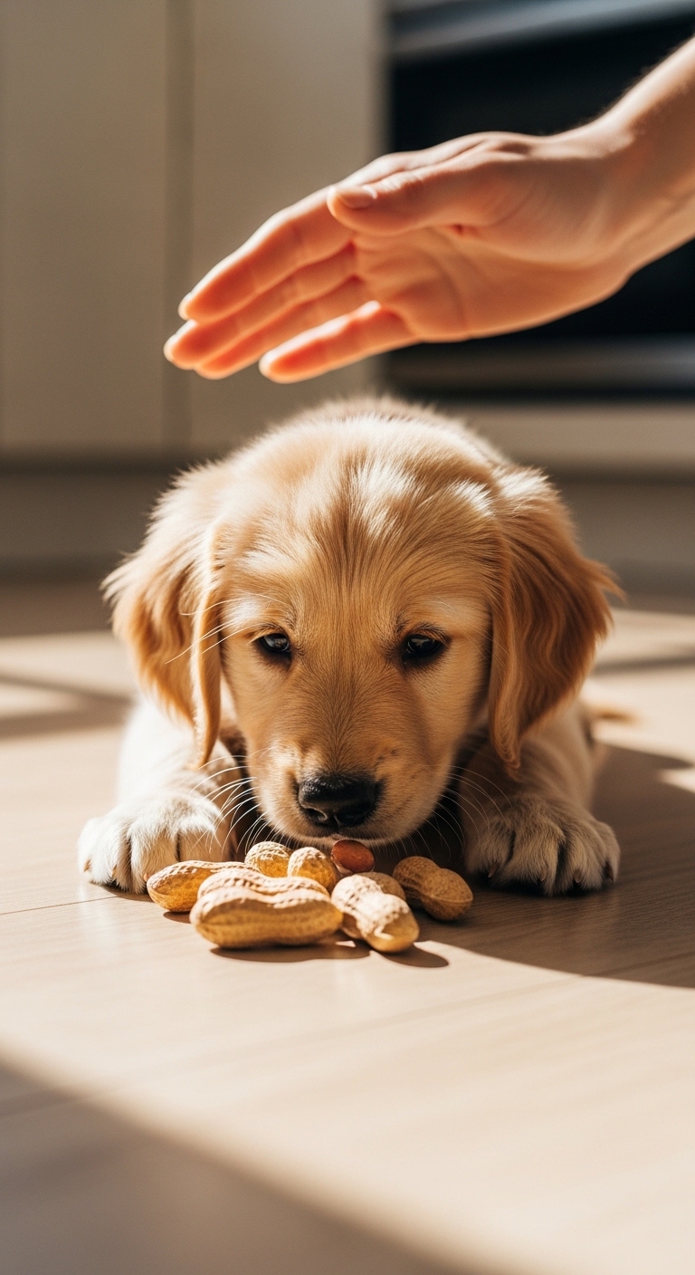 A dog is eating peanuts off the floor.