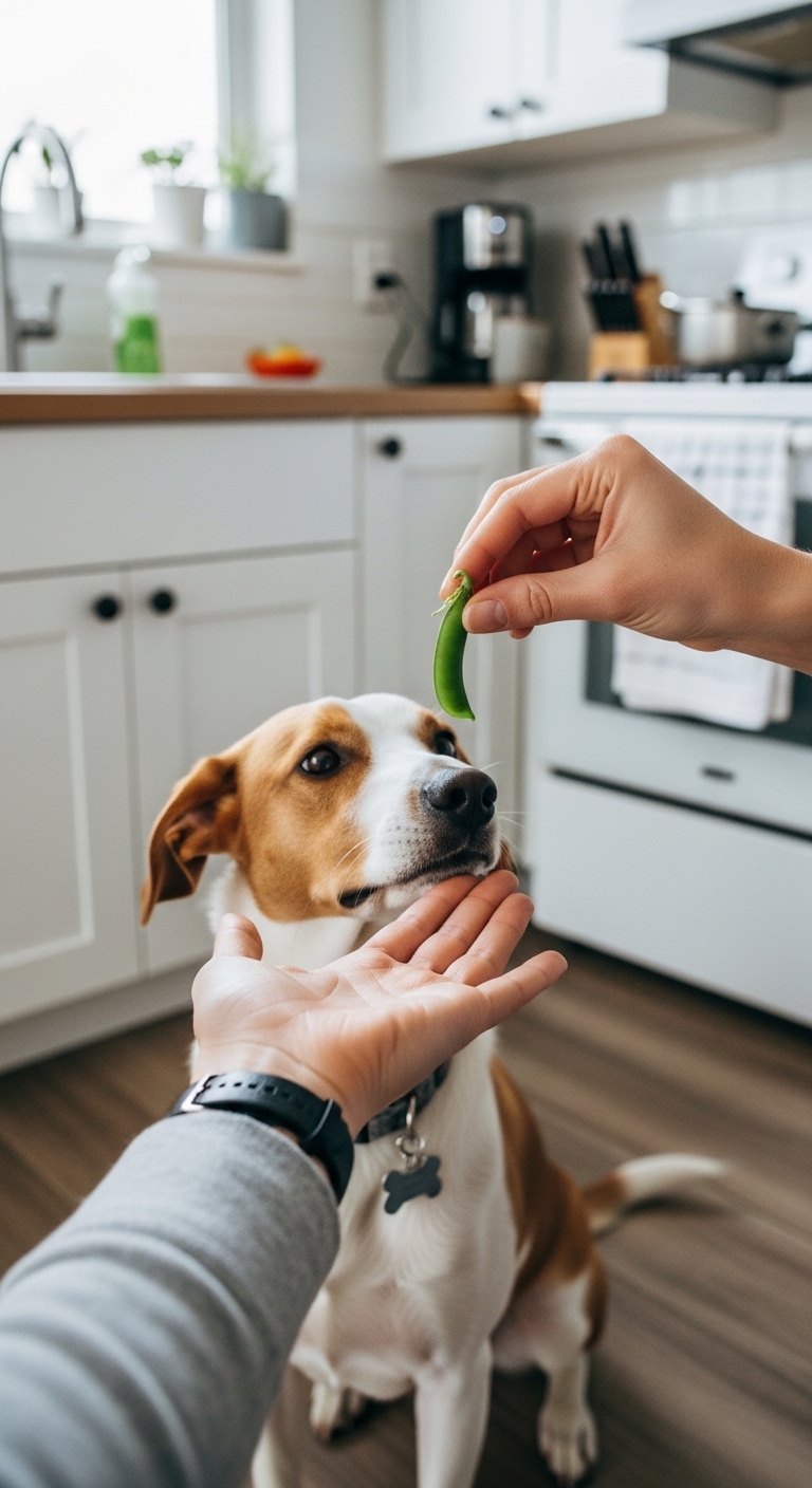 A dog is eating a green pea.