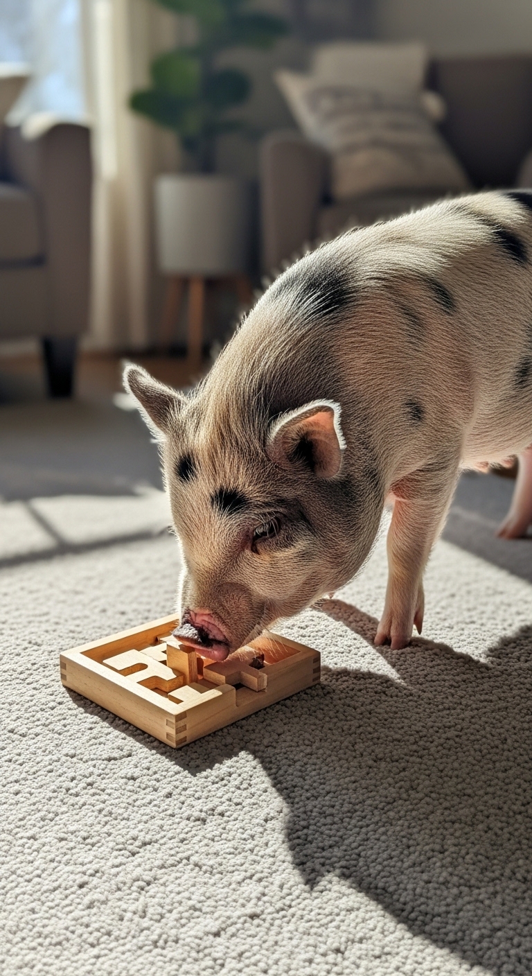 A pig is eating a puzzle.
