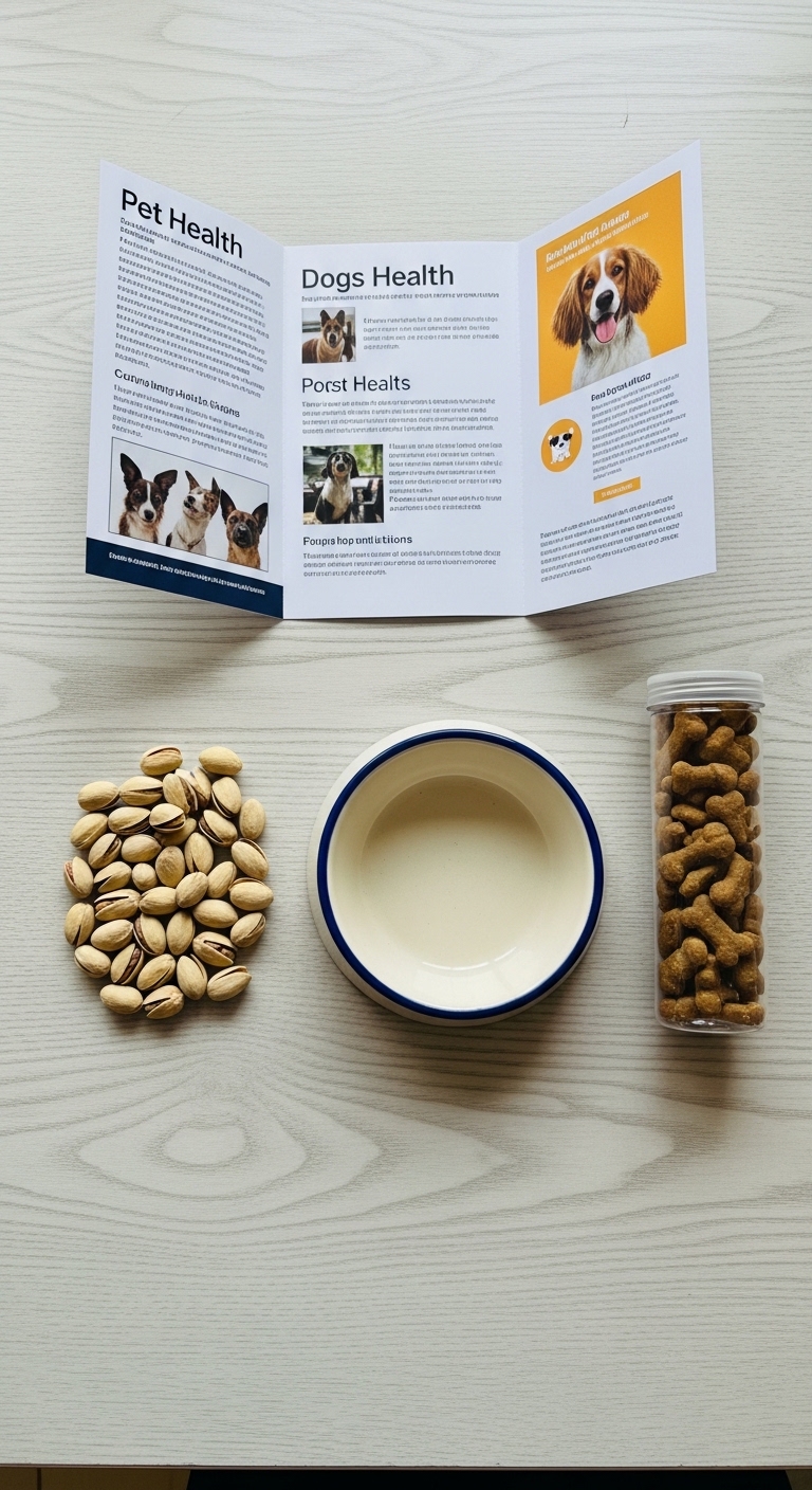 A bowl of pistachios sits next to a booklet about dog health.