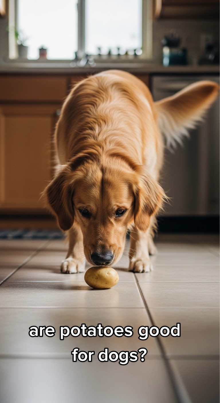 A dog is sniffing a potato on the floor.
