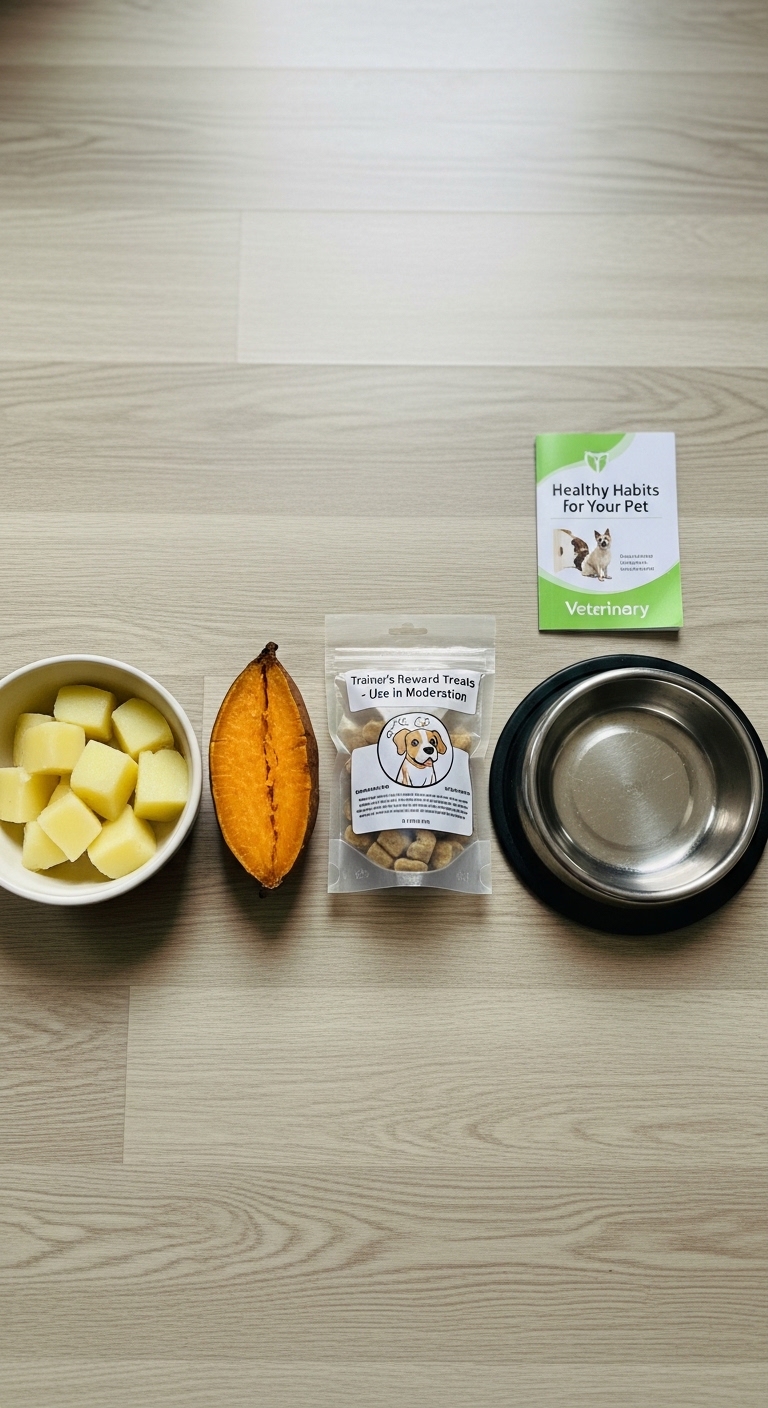 A bowl of potatoes is on a table next to a bag of dog treats.