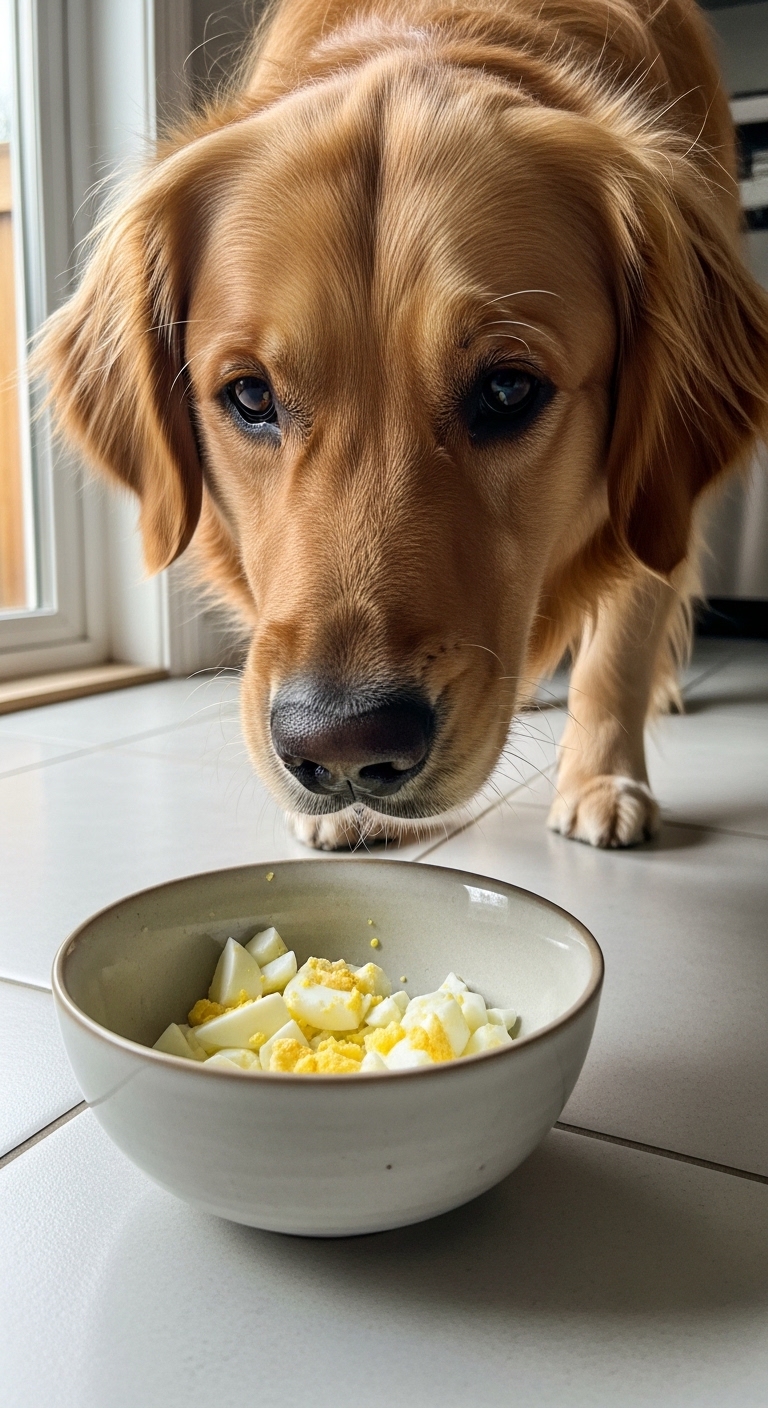 A dog eating raw eggs.