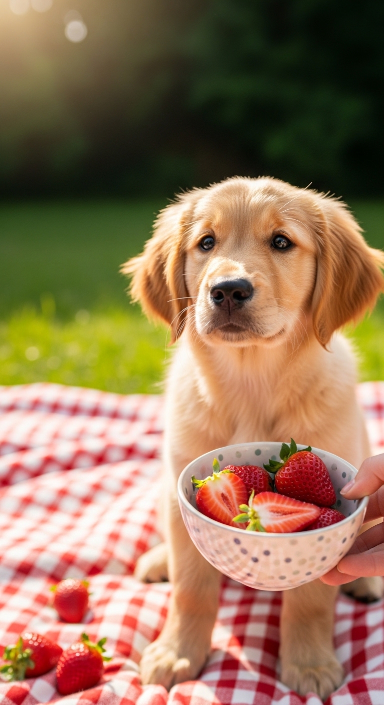A dog is eating strawberries from a bowl.