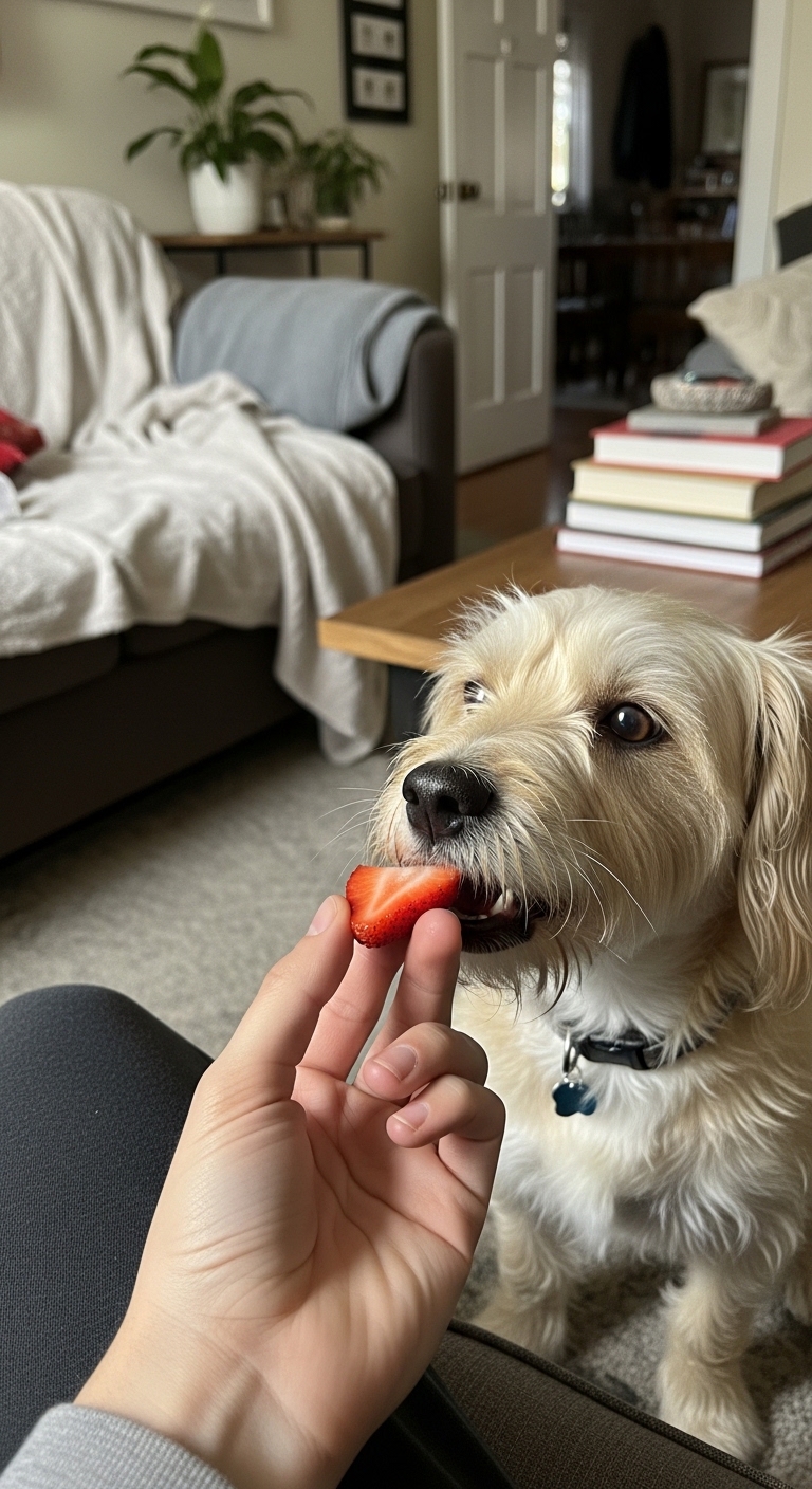 A dog eating a strawberry.