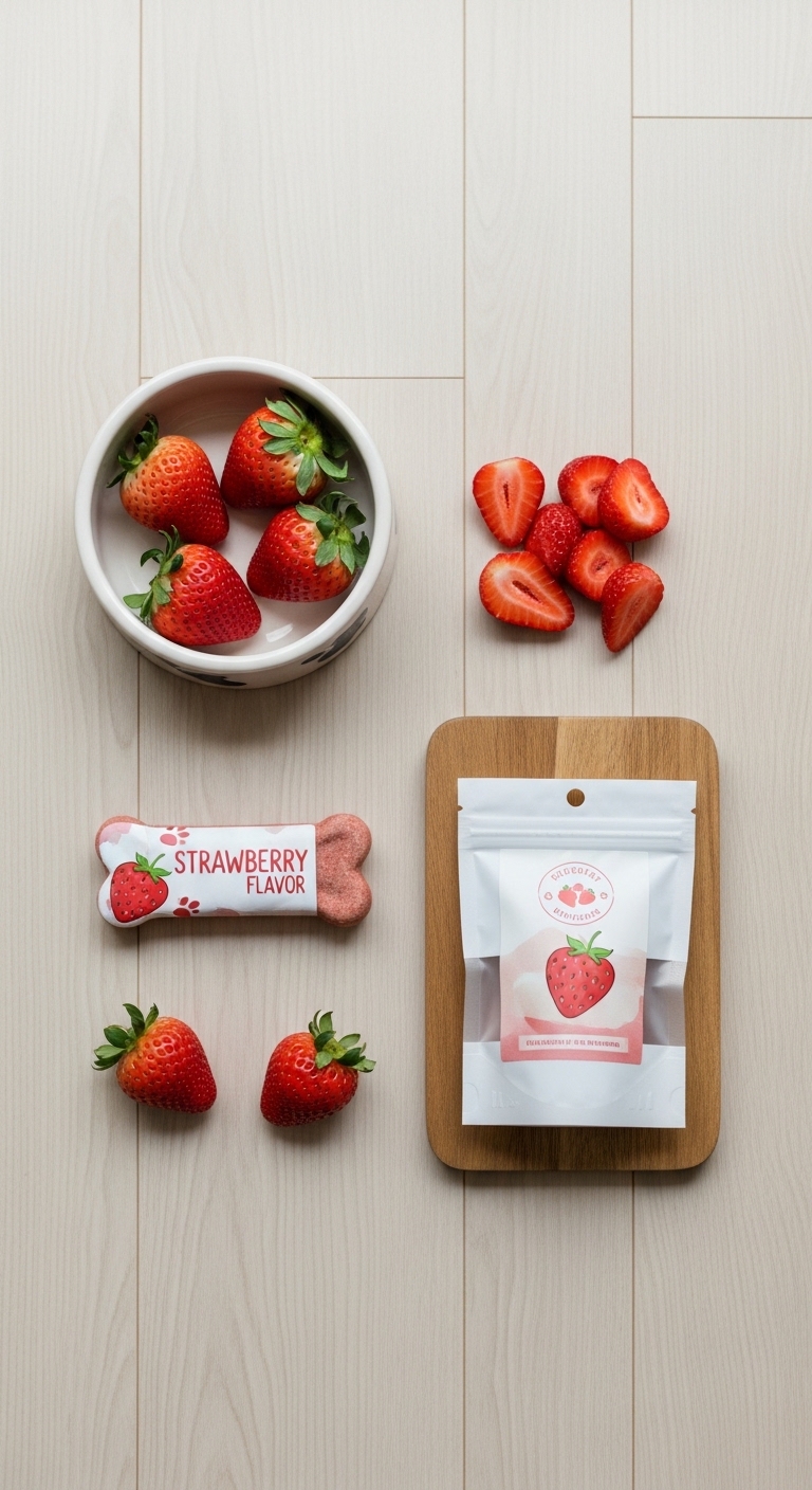 A bowl of strawberries and a bag of strawberry flavored dog treats.