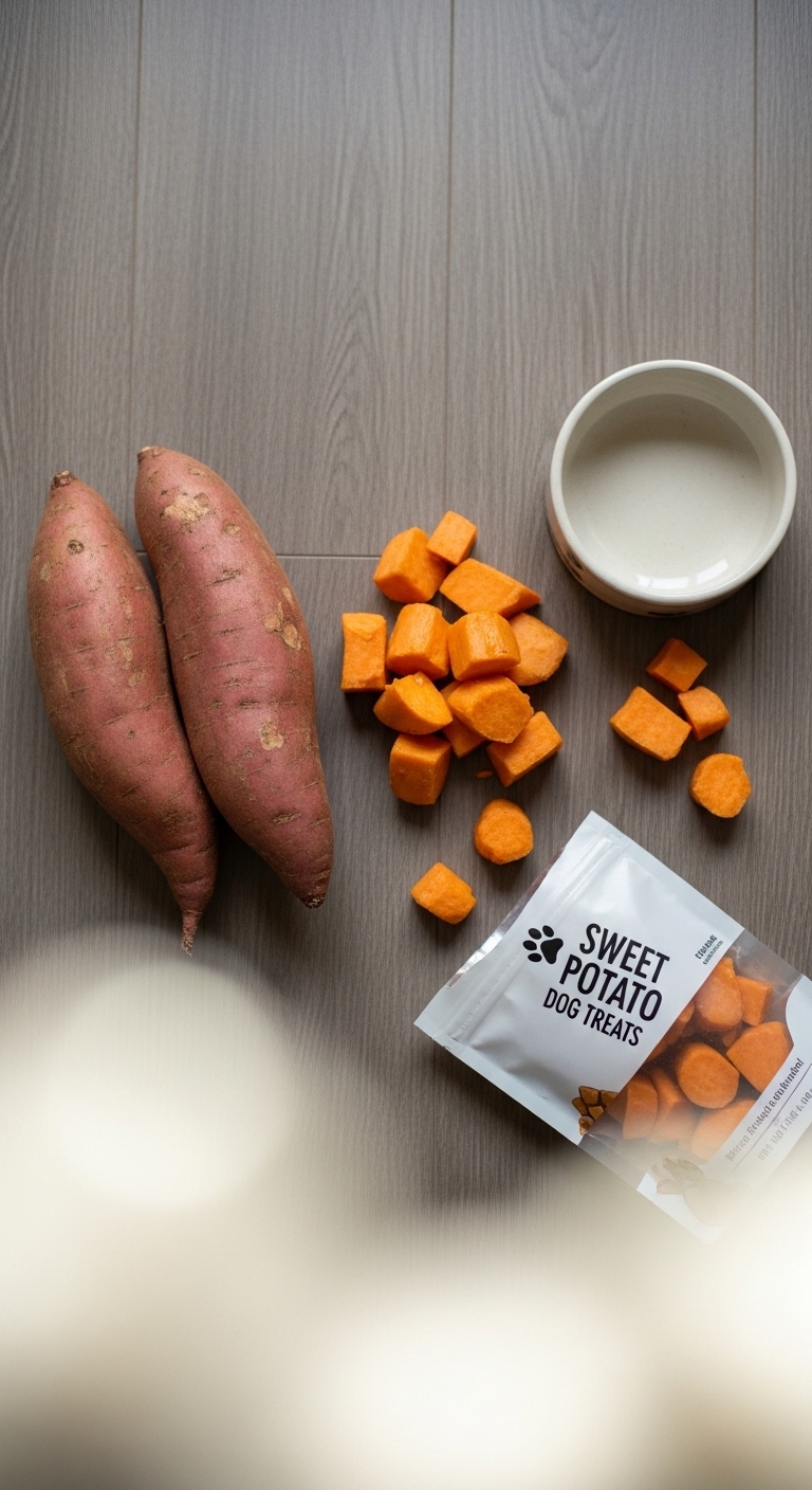 A bag of sweet potato dog treats sits on a table next to a bowl of sweet potatoes.