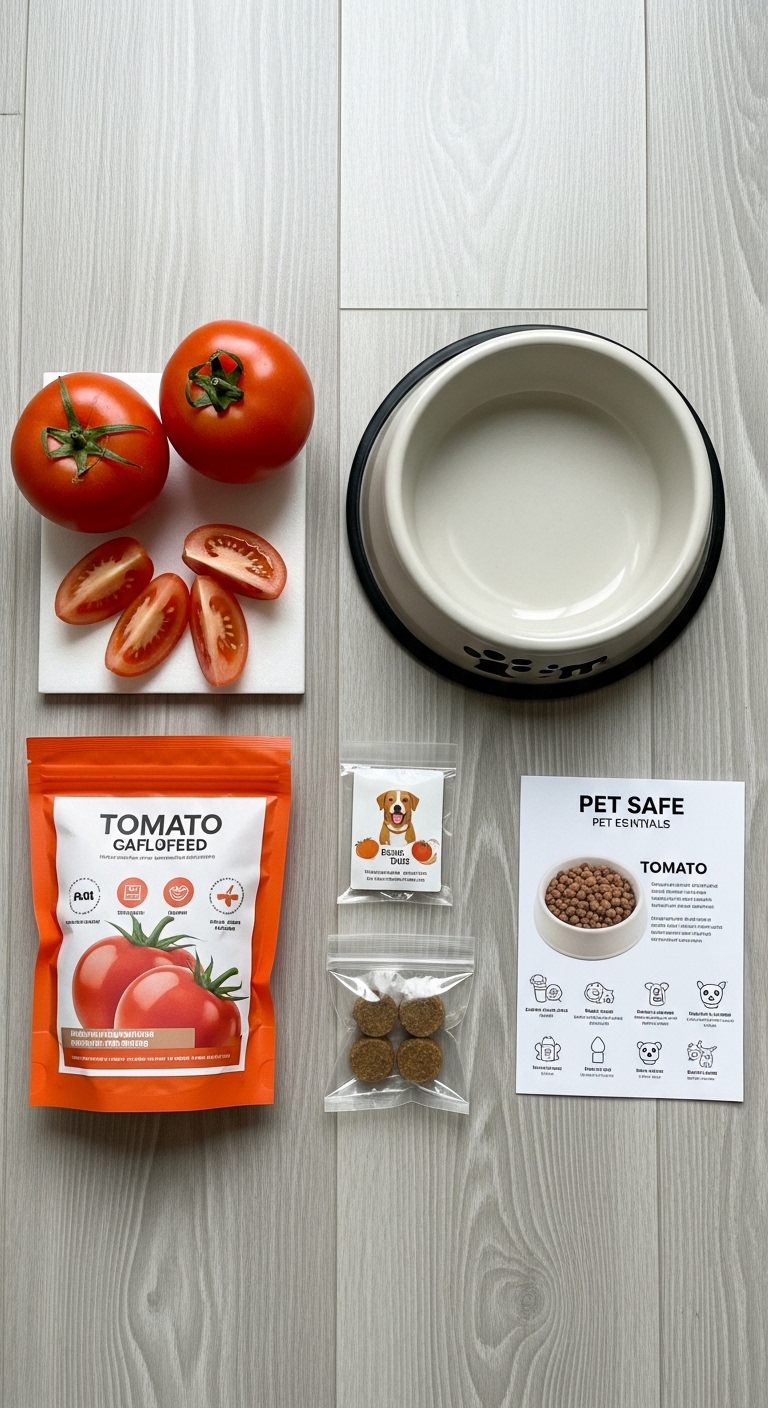 A bag of tomato gaflofeed sits next to a bowl of food for dogs.