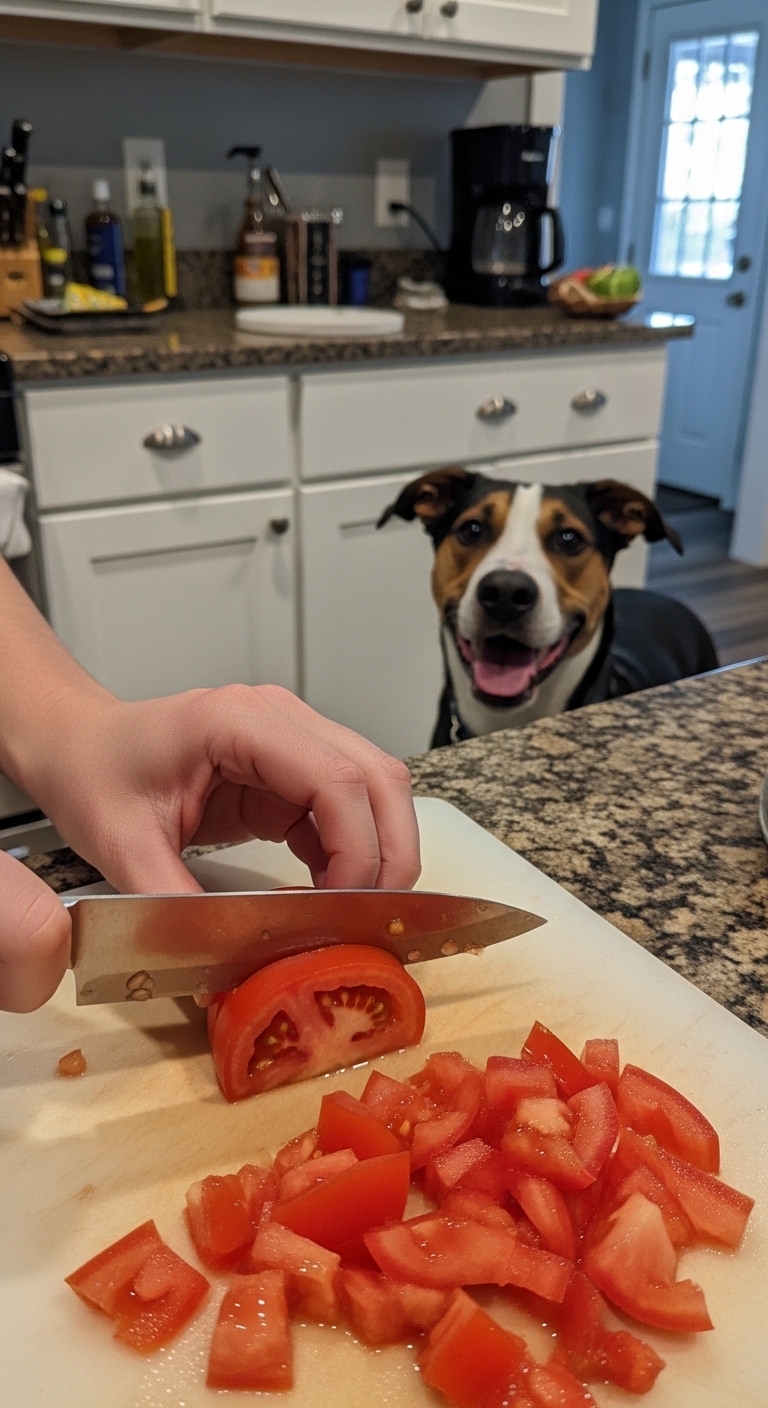 A dog is looking at a tomato being cut.