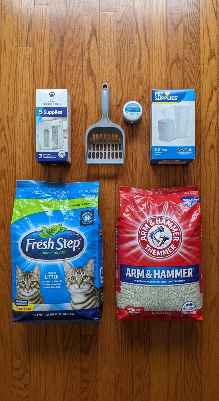Arm & Hammer and Fresh Step cat litter are displayed on a table.