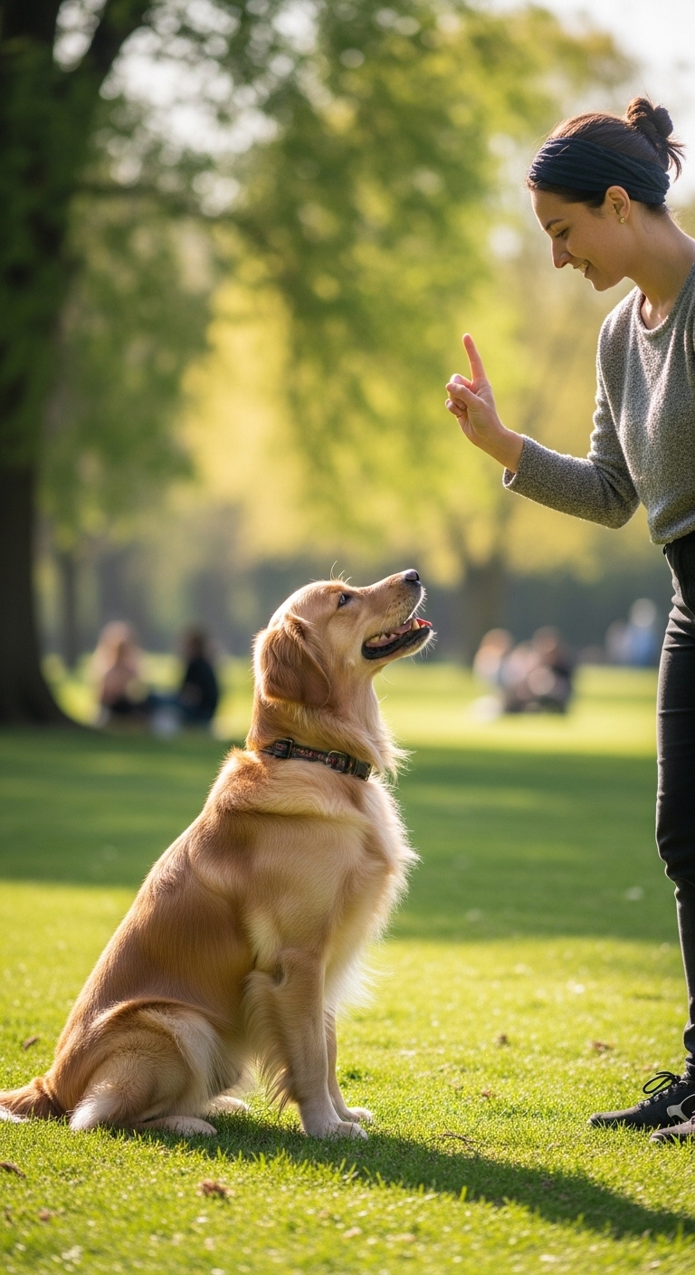 A woman is teaching a dog to sit.