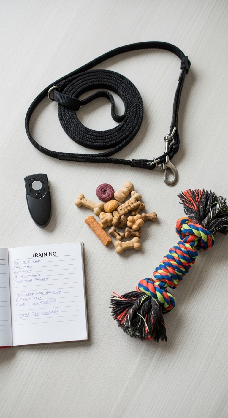 A training book and a dog leash on a table.