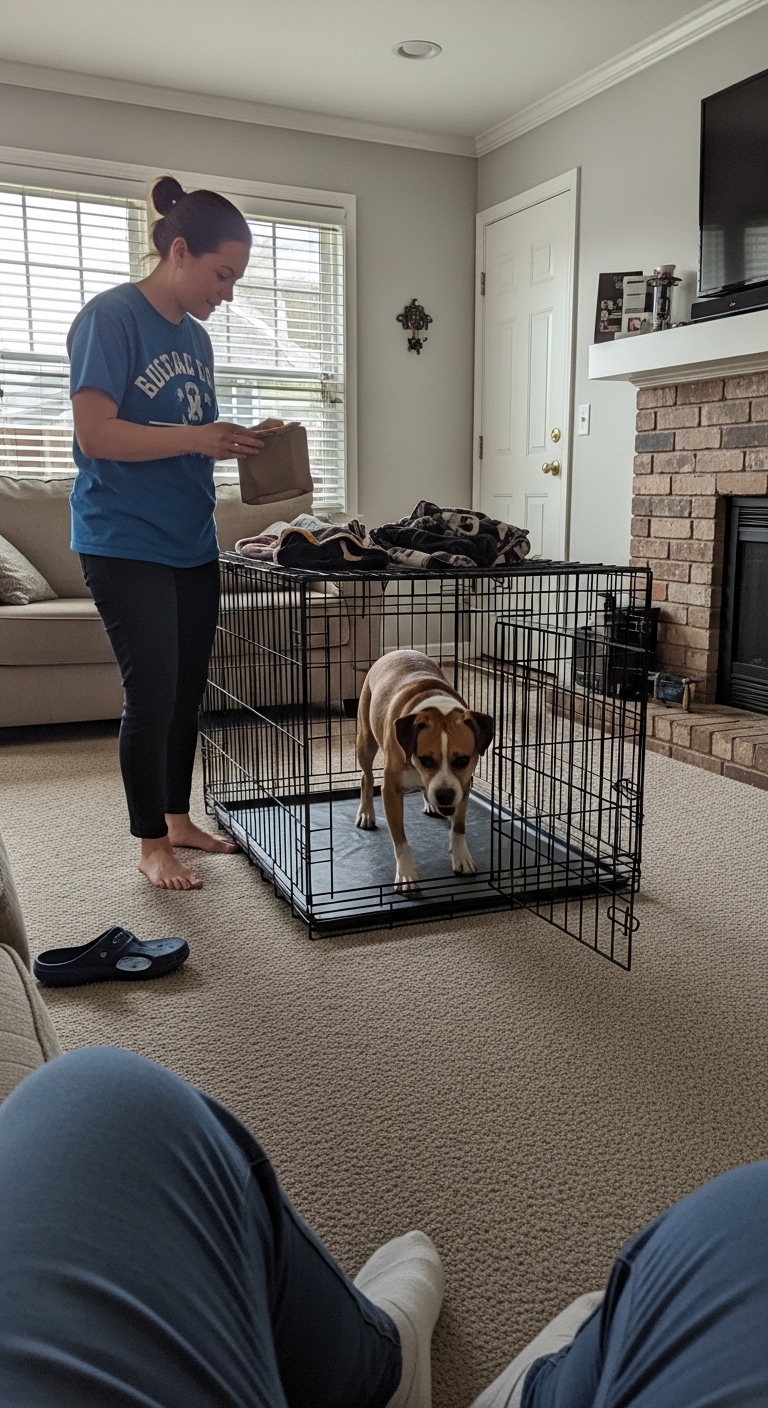 A woman is training her dog to sit in a cage.