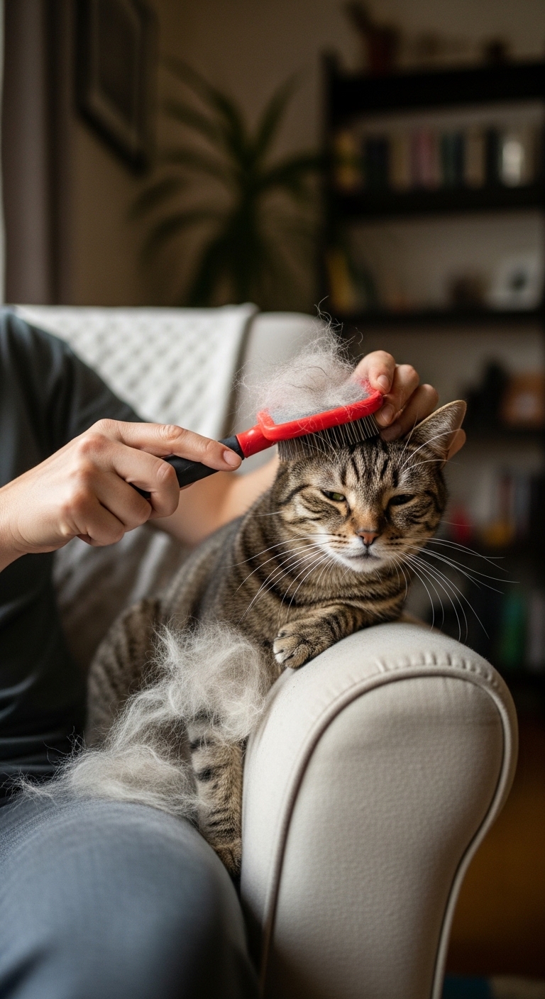 A man brushes a cat with a red brush.