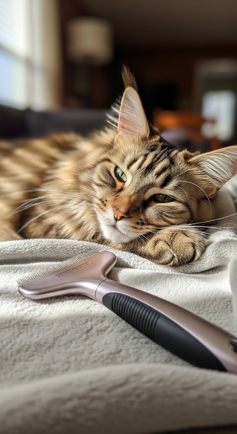 A cat brush is on a blanket next to a cat.