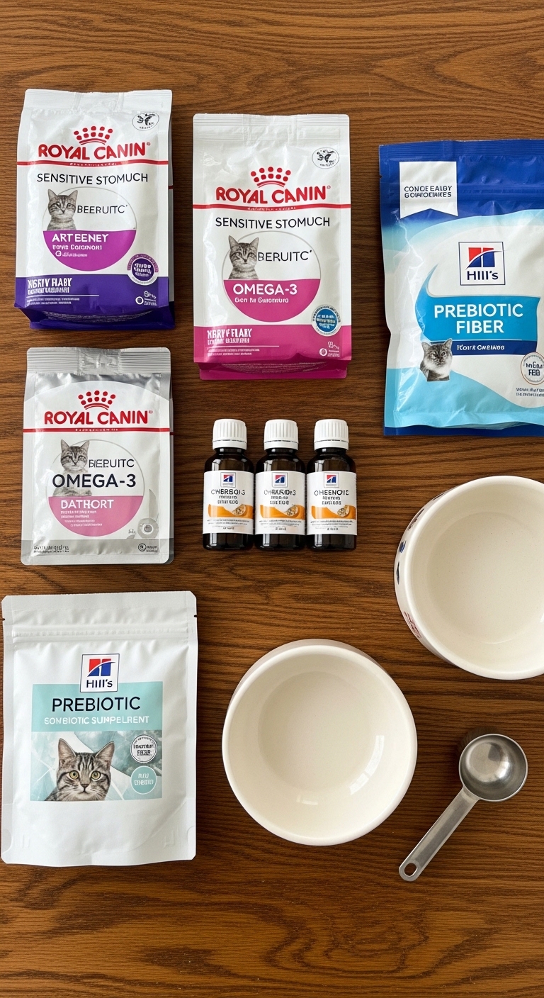 A table with cat food and supplements for sensitive stomachs.