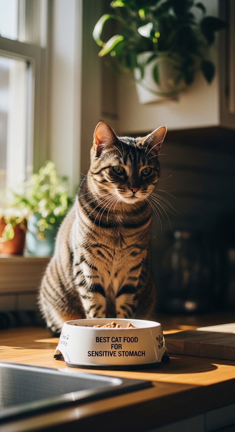 A cat is sitting in front of a bowl of cat food.