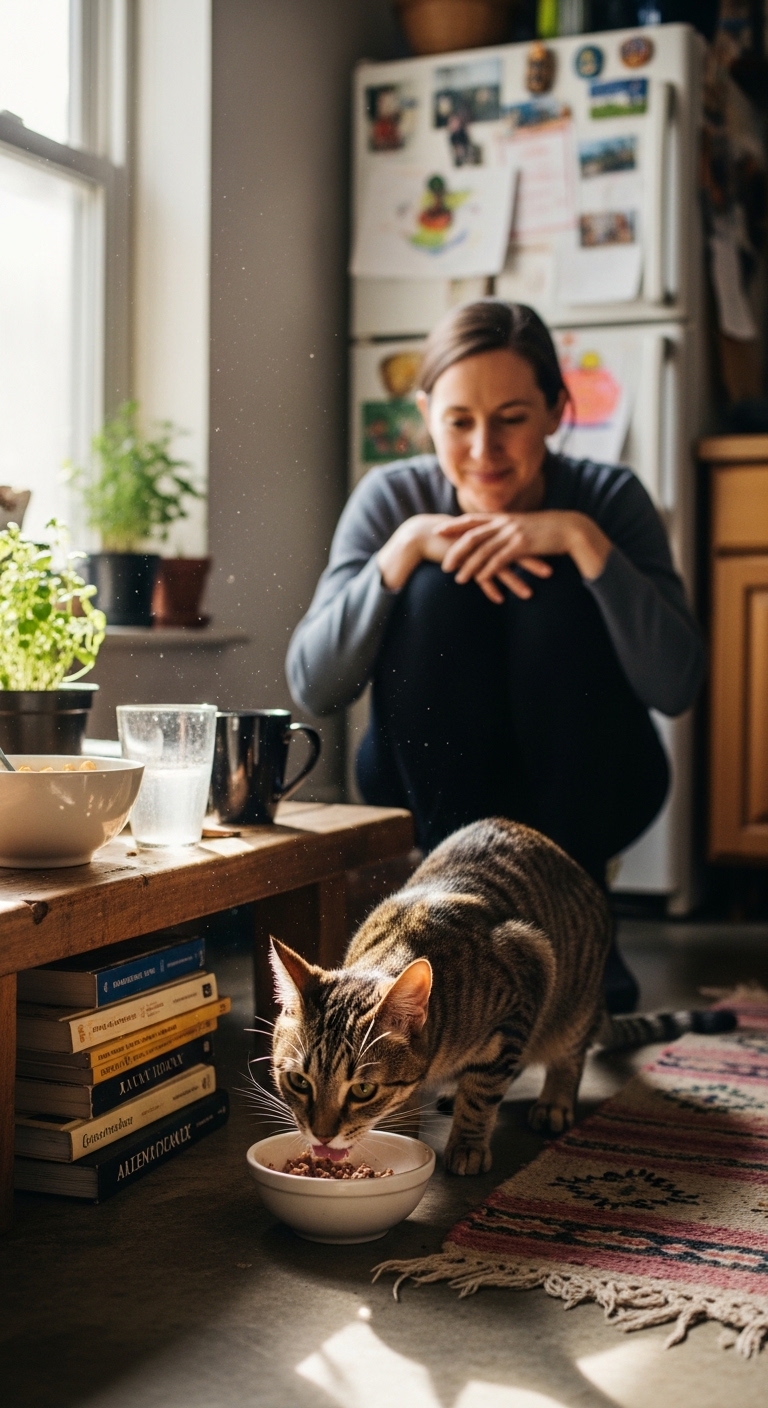 A woman is sitting on a table with a cat in front of her.