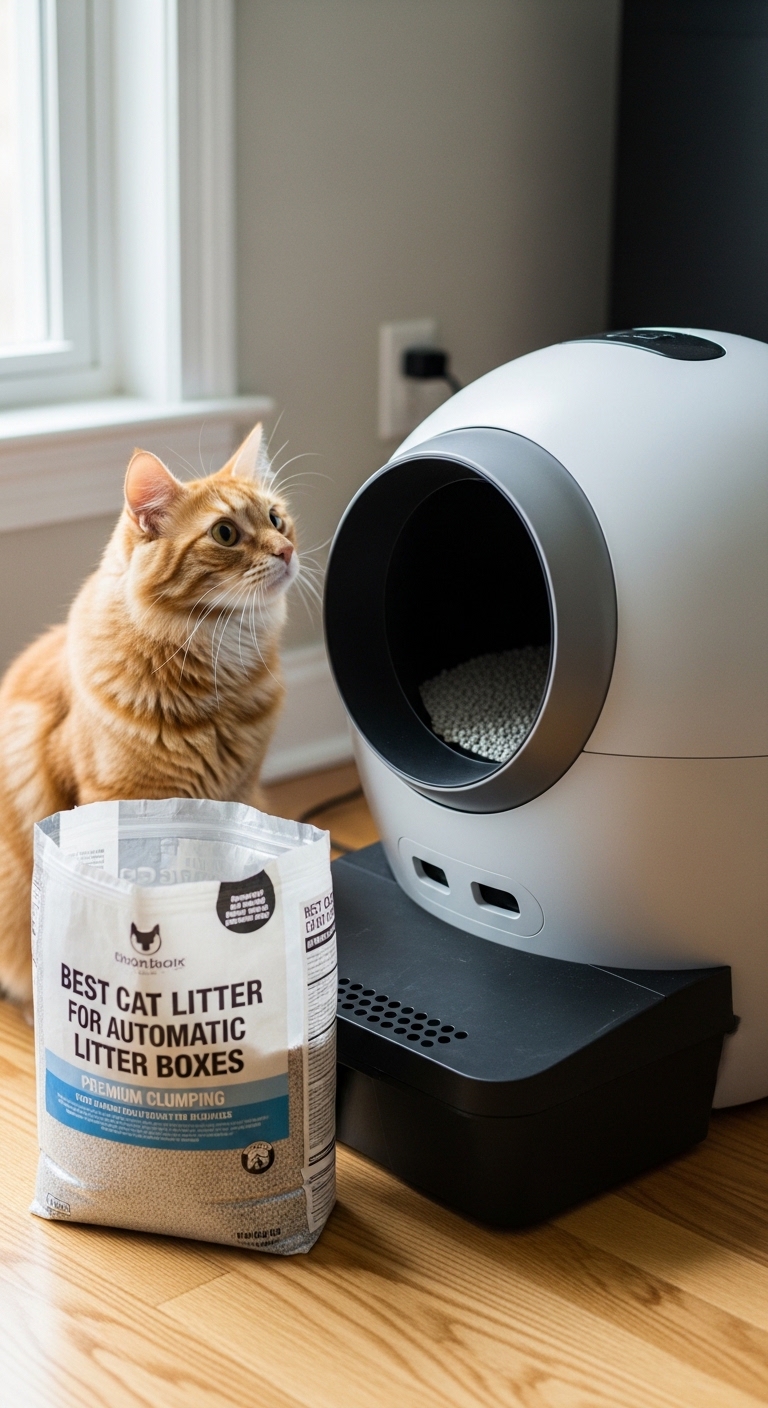 A cat sitting next to a bag of litter.