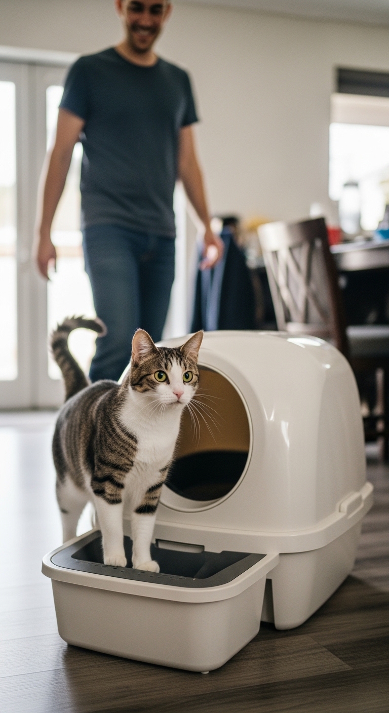 A cat standing in front of a litter box.