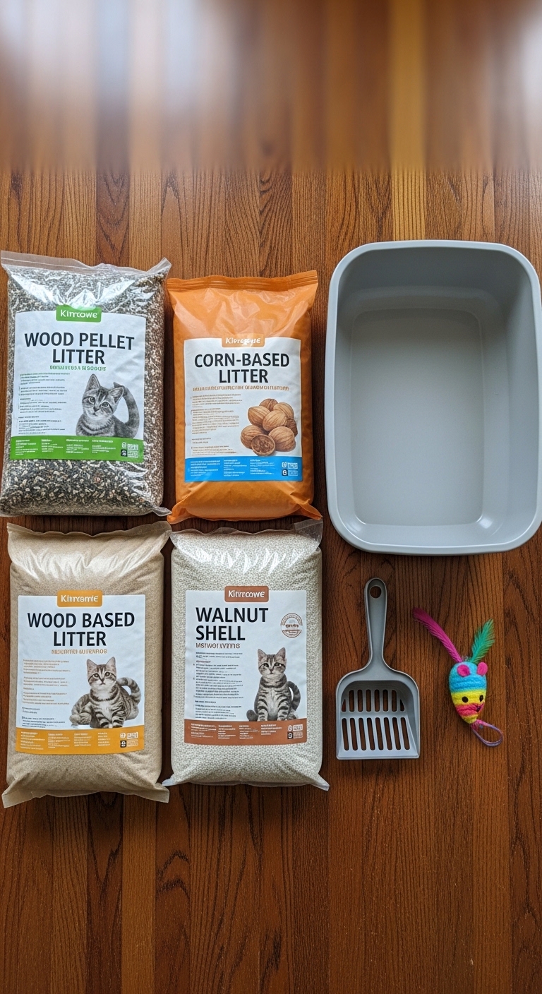 A variety of cat litter bags are displayed on a table.