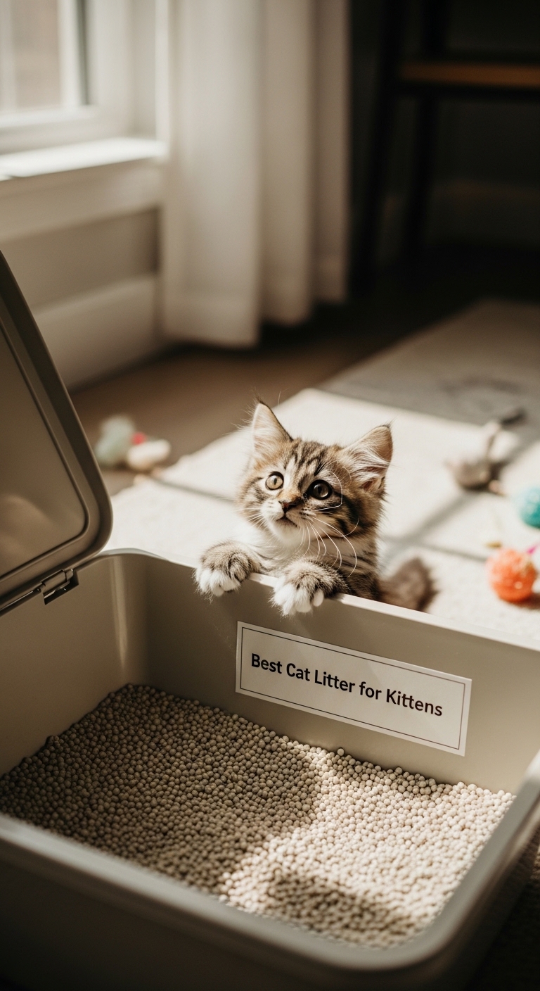A kitten is sitting in a litter box.
