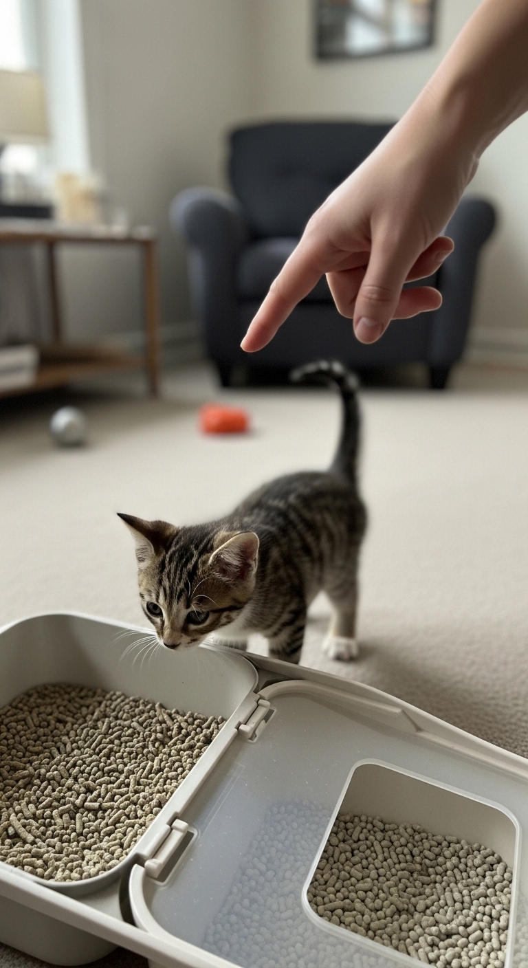 A small kitten is looking at a bowl of cat food.