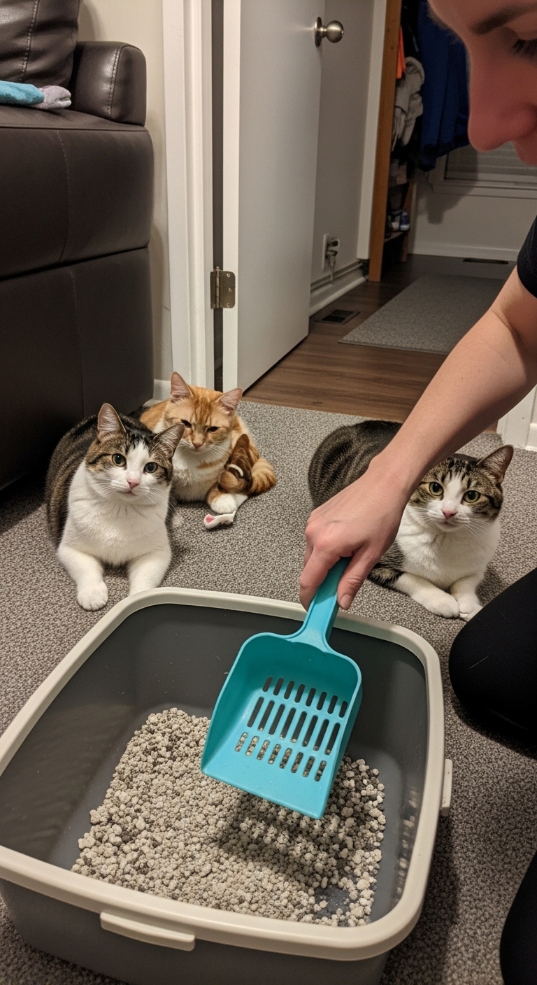 A person is holding a blue plastic spoon over a container of cat litter.