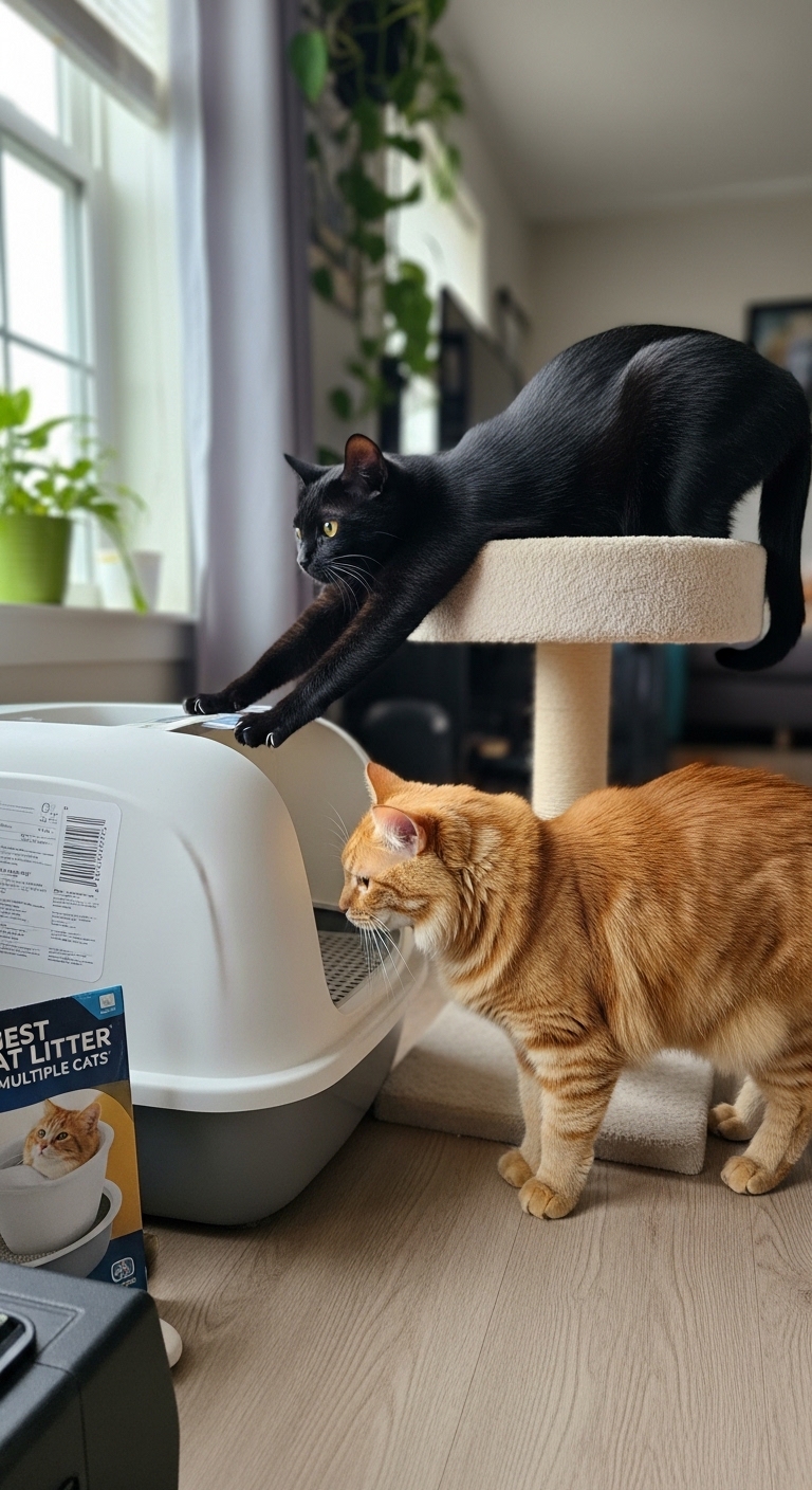 Two cats standing on a cat tree.