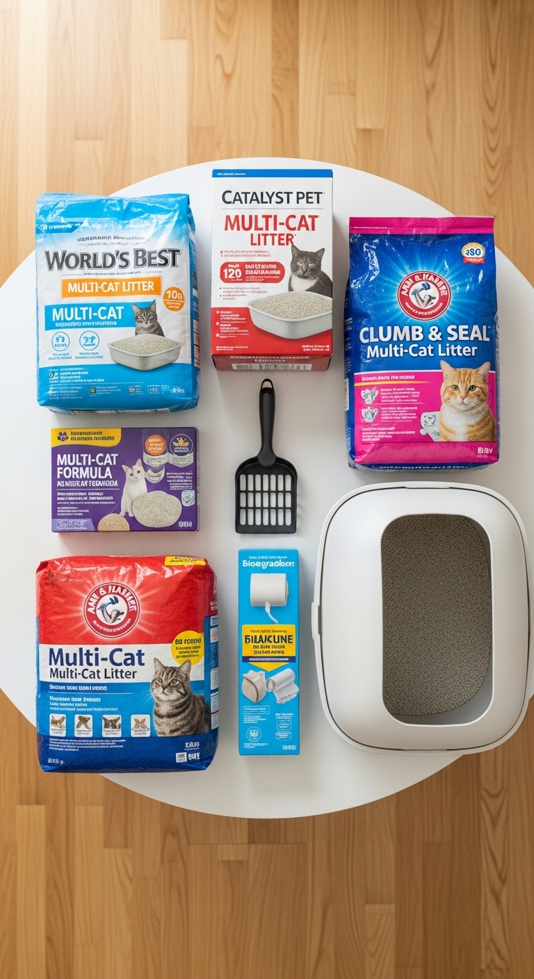 A variety of cat litter products are displayed on a table.