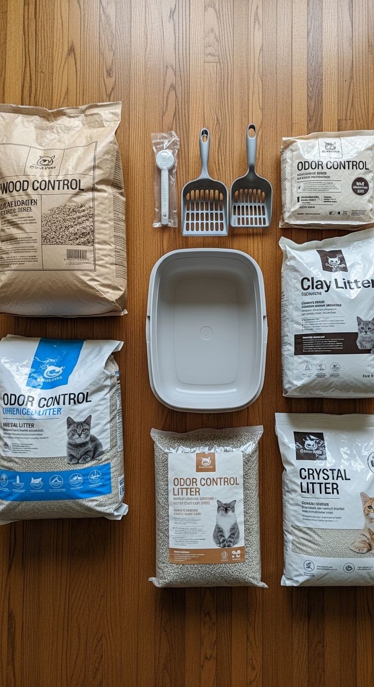 A variety of cat litter bags are displayed on a table, including one for odor control.