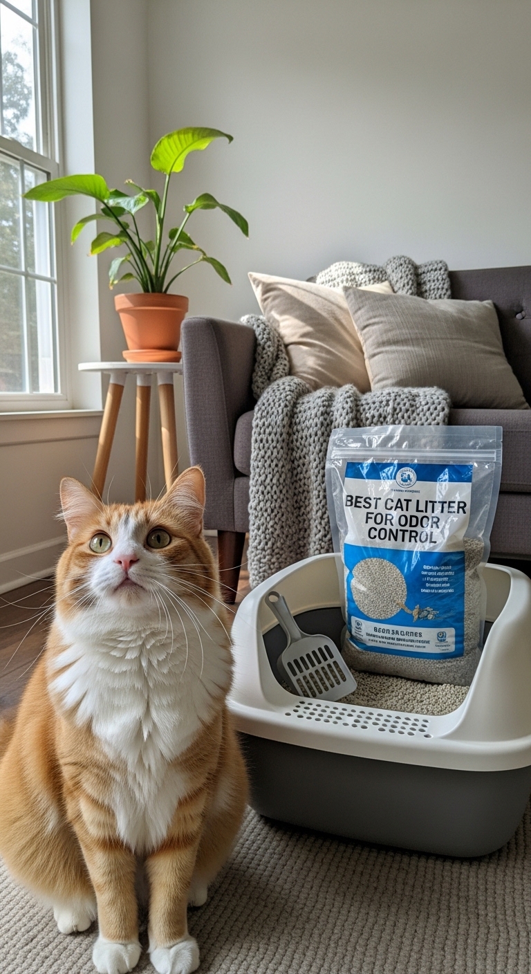 A cat sitting next to a bag of Best Cat Litter for Odor Control.