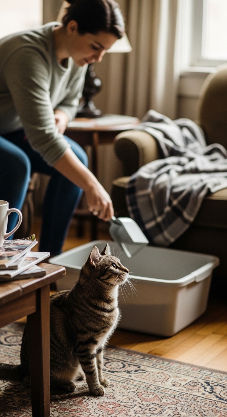 A woman holding a litter box with a cat inside.