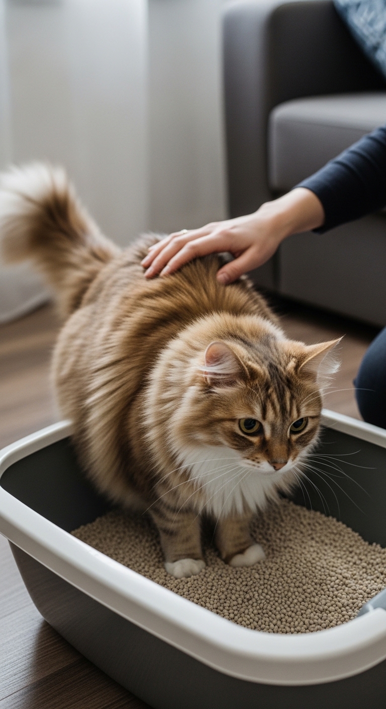 A cat is standing in a plastic container filled with cat litter.