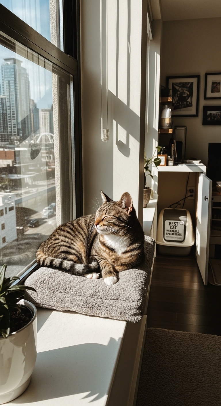 A cat sitting on a cat bed in front of a window.