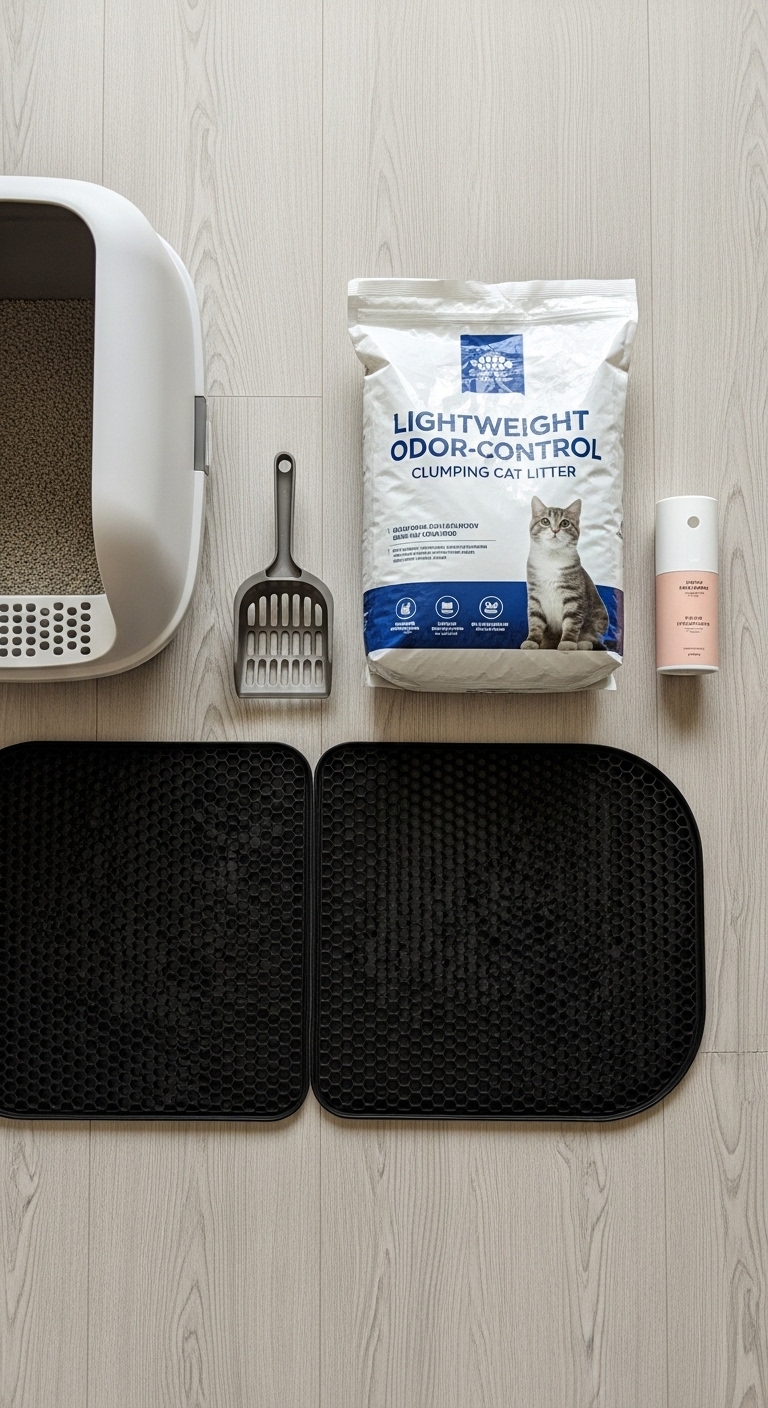 A cat litter box with a cat litter bag and a cat litter scoop.