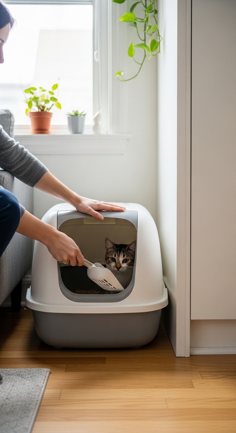 A person is holding a litter box with a cat inside.