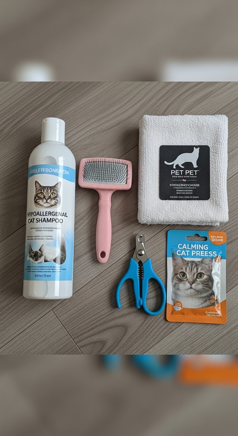 A cat grooming kit with a cat brush, cat shampoo, and cat nail clippers.
