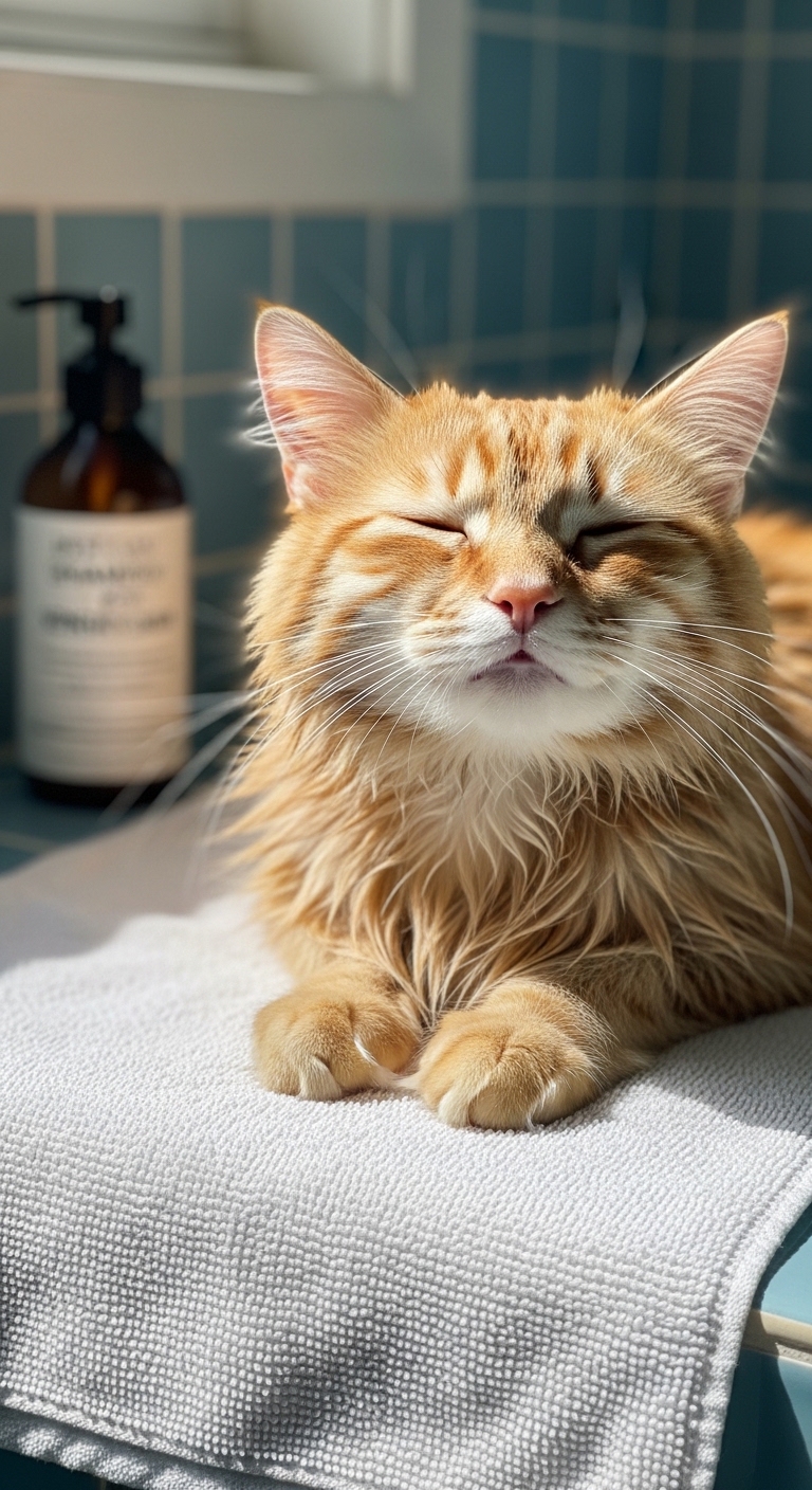 A cat with its eyes closed and a bottle of shampoo in the background.