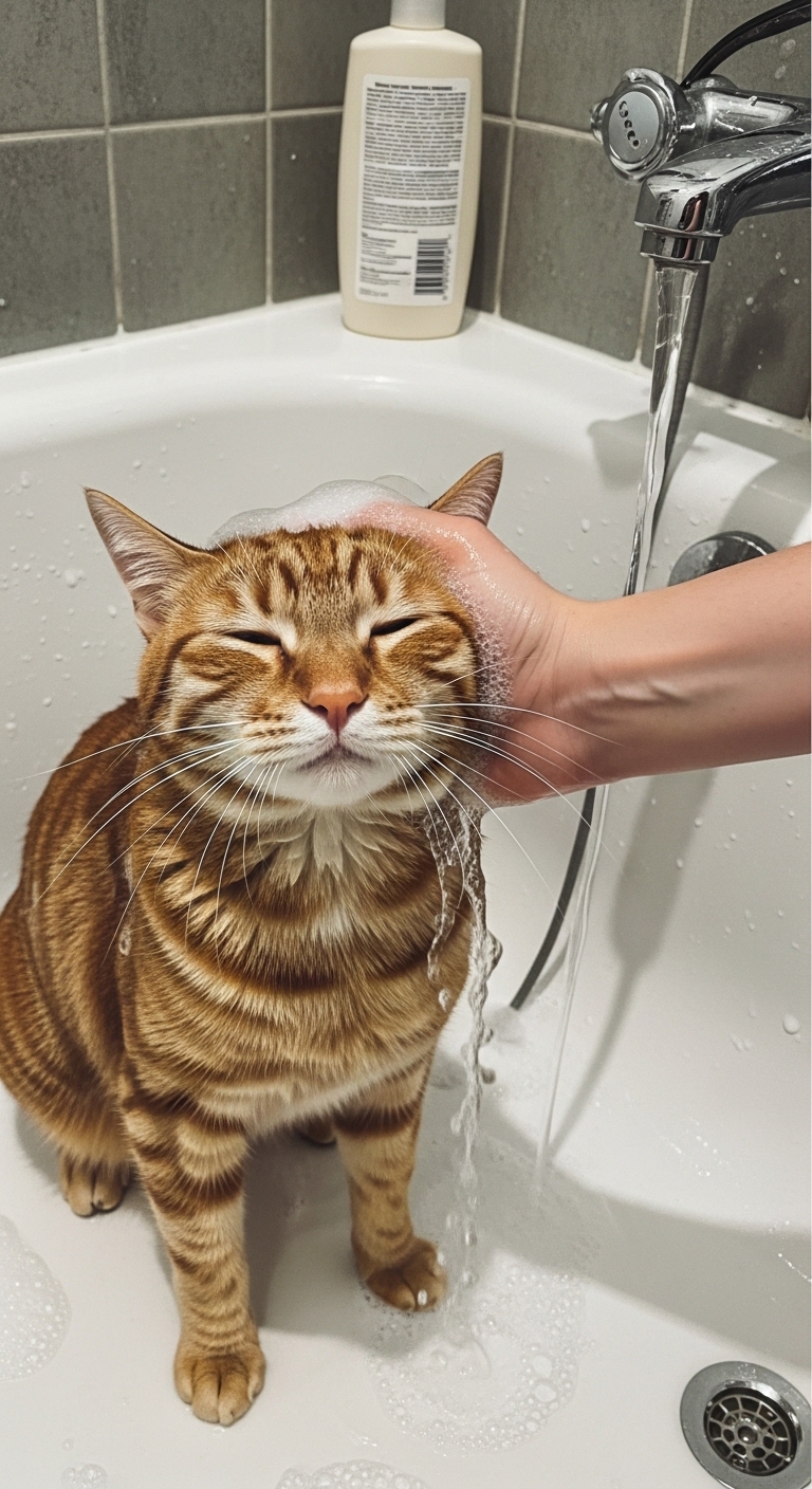 A cat is getting a bath with a person's hand.